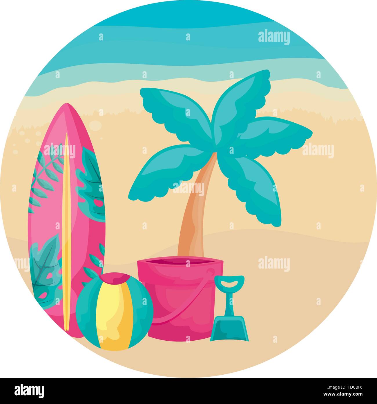 surfboard with tropical palm and icons in beach vector illustration ...