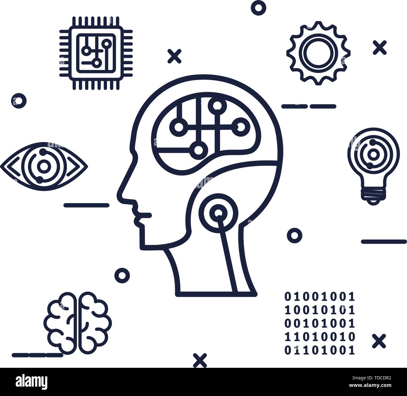 cyber humanoide profile with tech icons vector illustrator Stock Vector