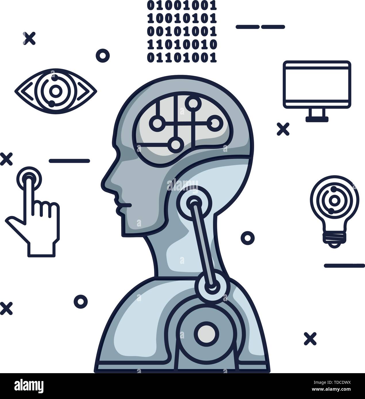 cyber humanoide profile with tech icons vector illustrator Stock Vector