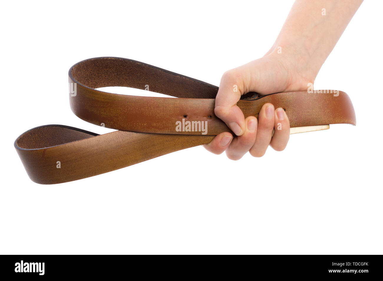 Hand holding leather belt for punishment on white background Stock Photo -  Alamy