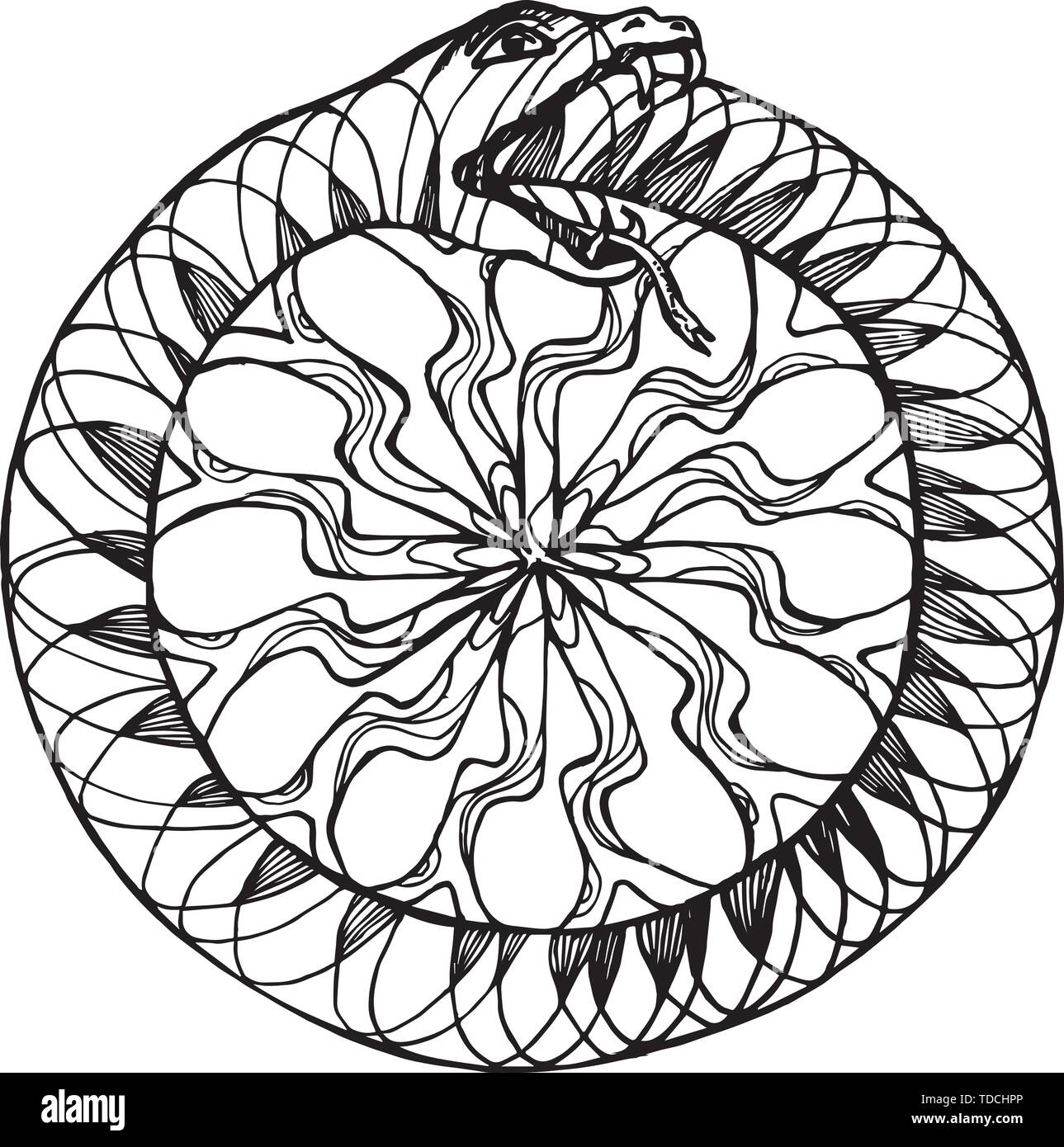Black and white illustration of a Uroboros snake eating its tail. Pattern, idea for tattoo. Stock Vector