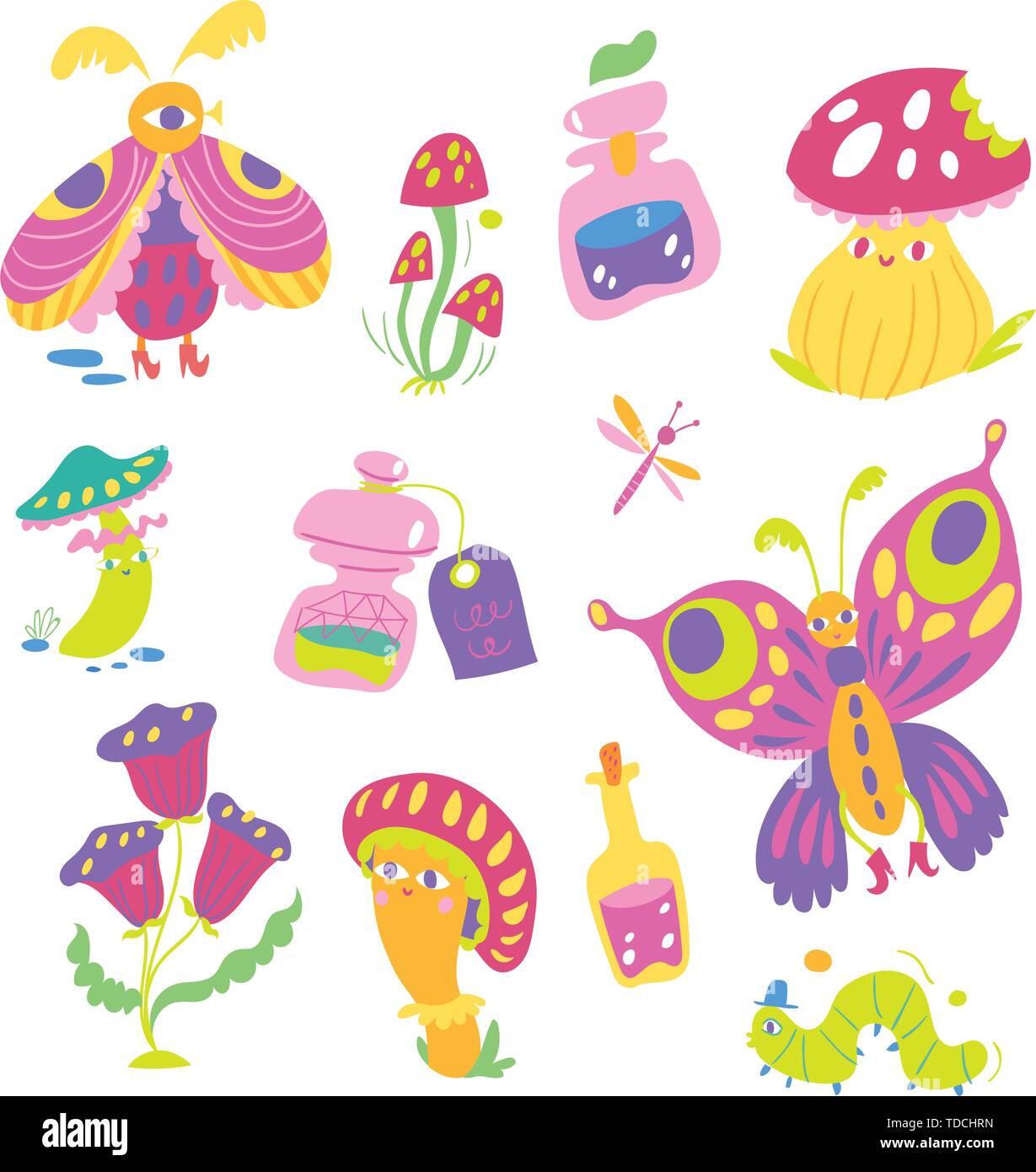 Funny vector fantasy sticker set  with cute wonderland elements.  Stock Vector