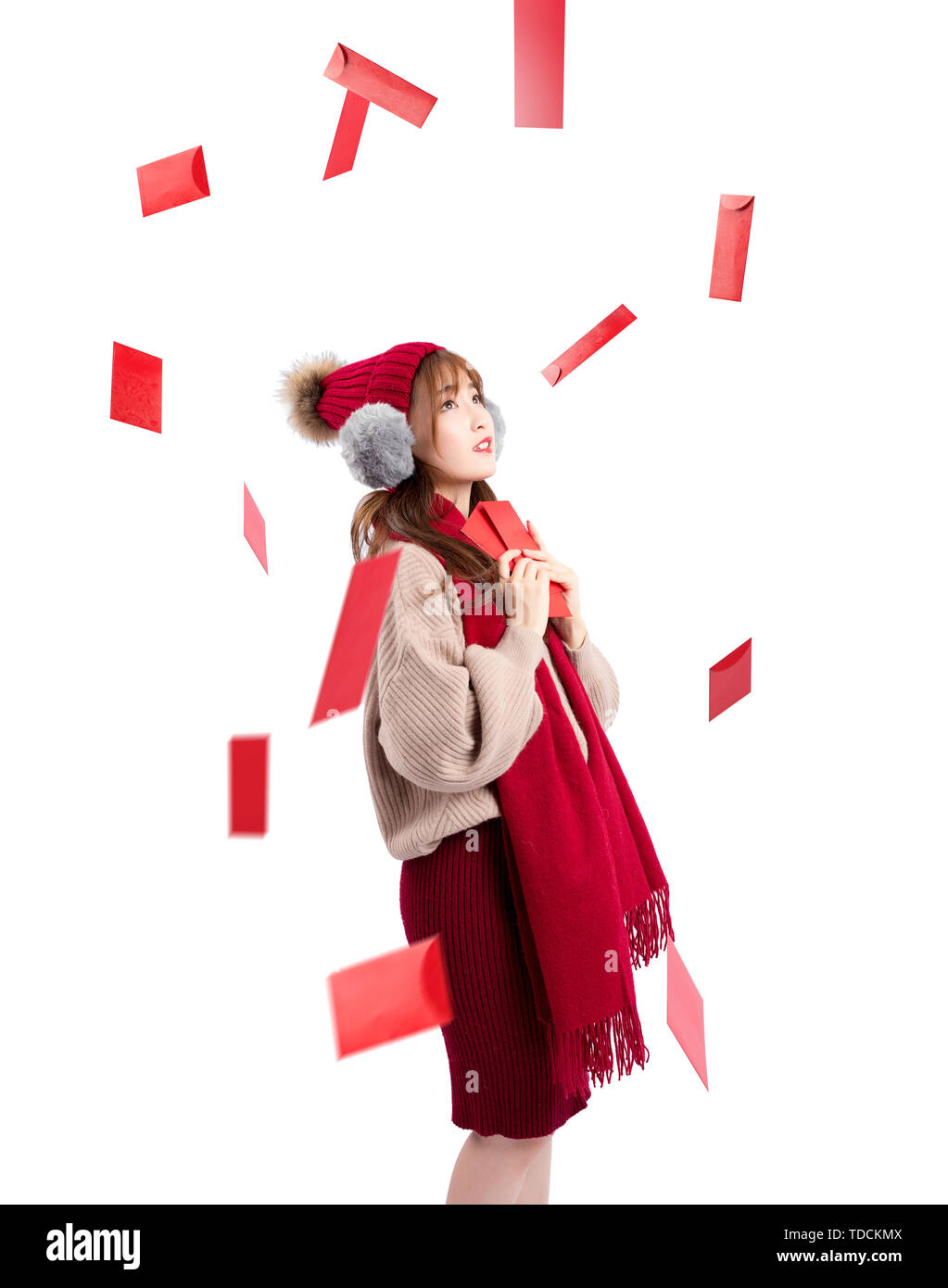 Red envelopes rain beauty on white background Stock Photo