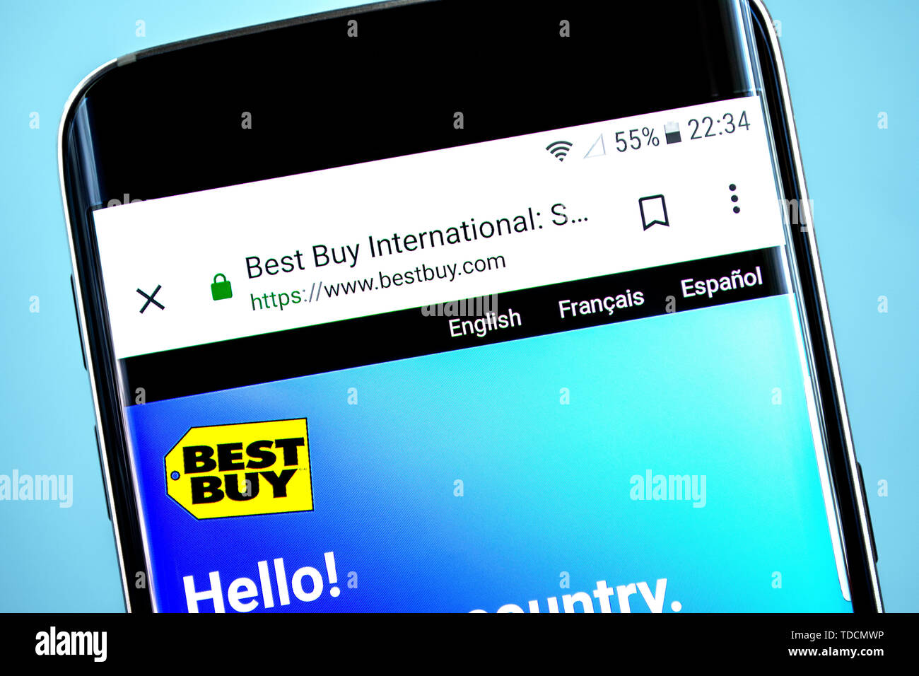 Berdyansk, Ukraine - 10 June 2019: Best Buy website homepage. Best Buy logo visible on the phone screen, Illustrative Editorial. Stock Photo