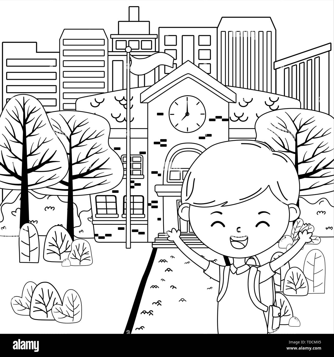 Cartoon school building illustration Black and White Stock Photos