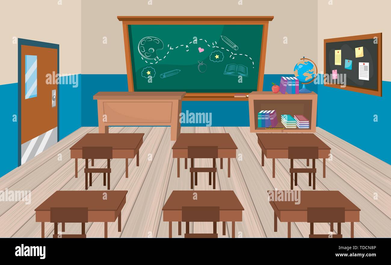 education classroom with desks and books with blackboard to back to ...