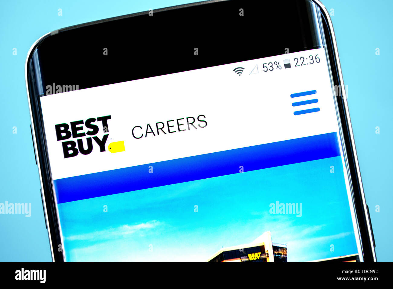 Berdyansk, Ukraine - 10 June 2019: Best Buy website homepage. Best Buy logo visible on the phone screen, Illustrative Editorial. Stock Photo