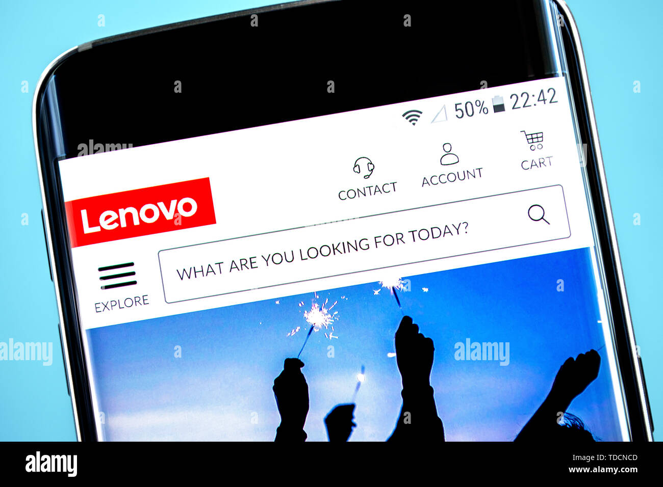 Berdyansk, Ukraine - 10 June 2019: Lenovo Group website homepage. Lenovo Group logo visible on the phone screen, Illustrative Editorial. Stock Photo