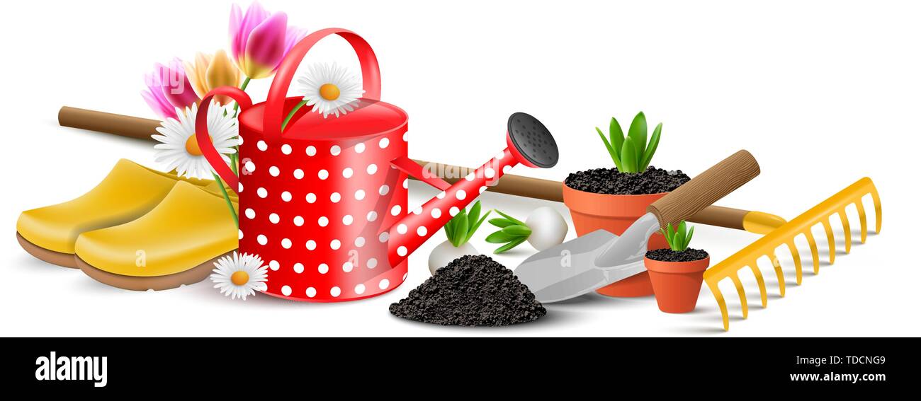 Garden vector symbol with gardening equipment, watering can and flowers Stock Vector