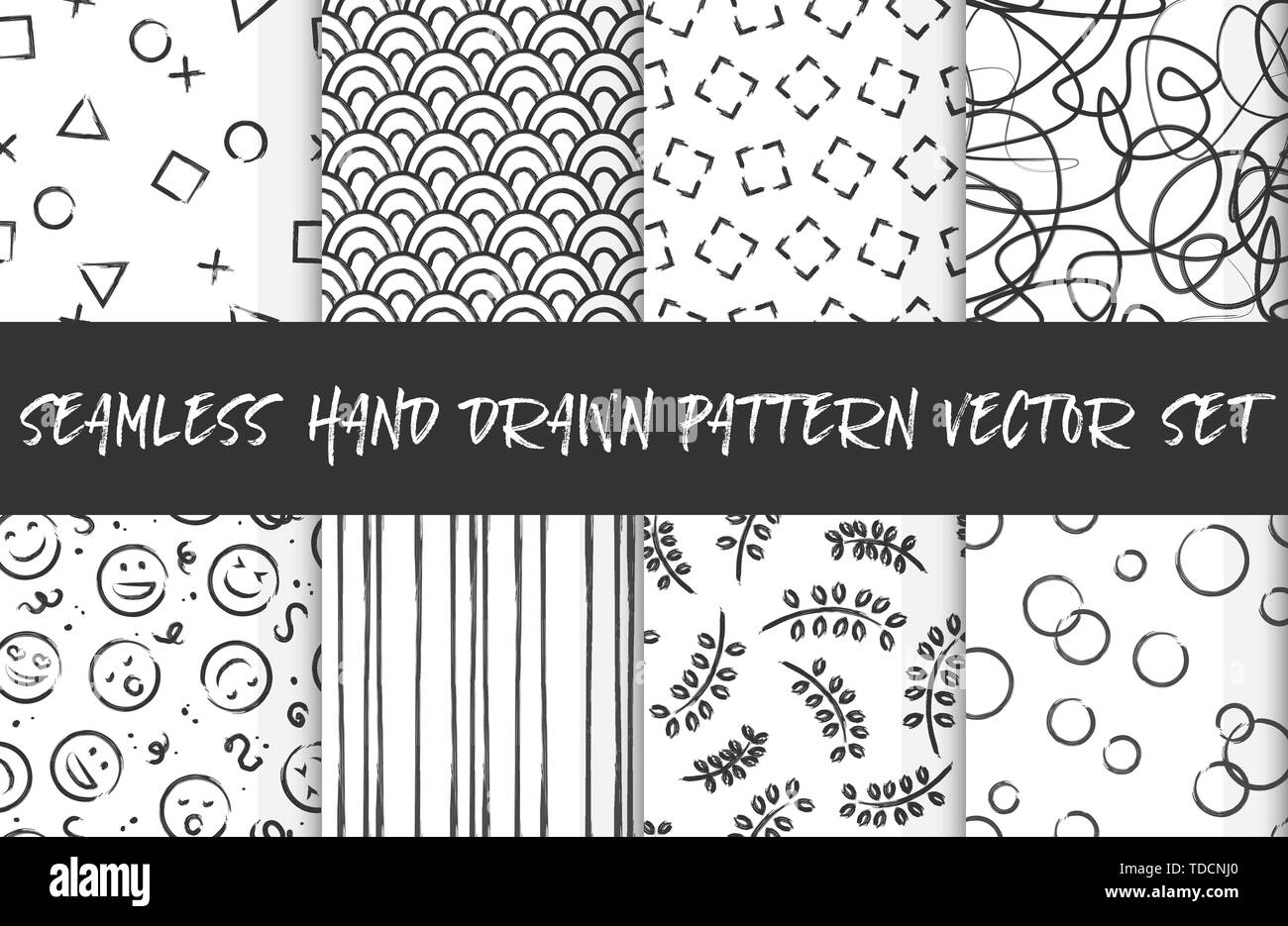 Seamless hand drawn pattern background vector set black white Stock Vector