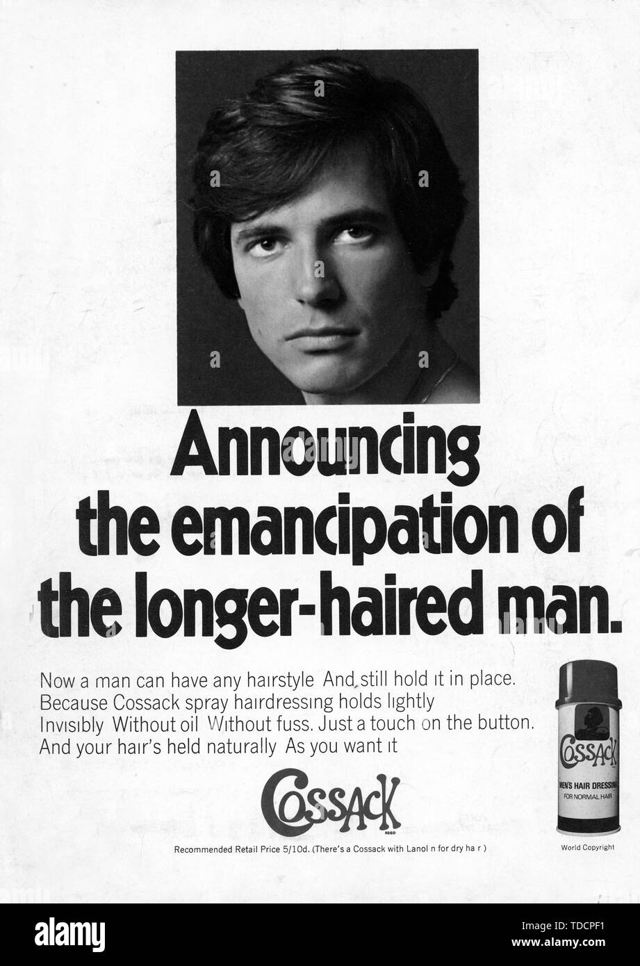 Advert for Cossack Hair Spray for Men 1970 Stock Photo - Alamy
