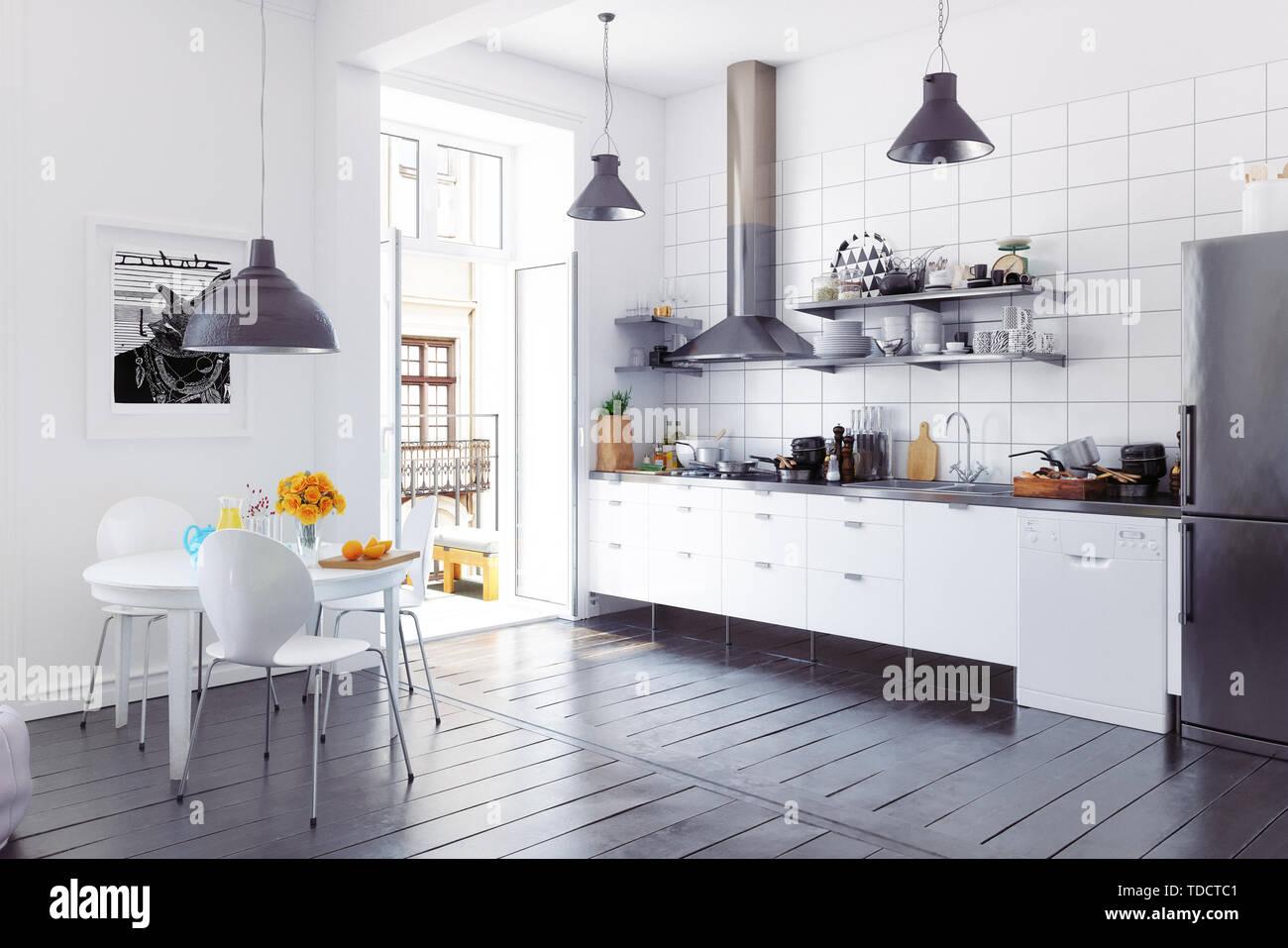 Modern Scandinavian Style Kitchen Interior 3d Rendering
