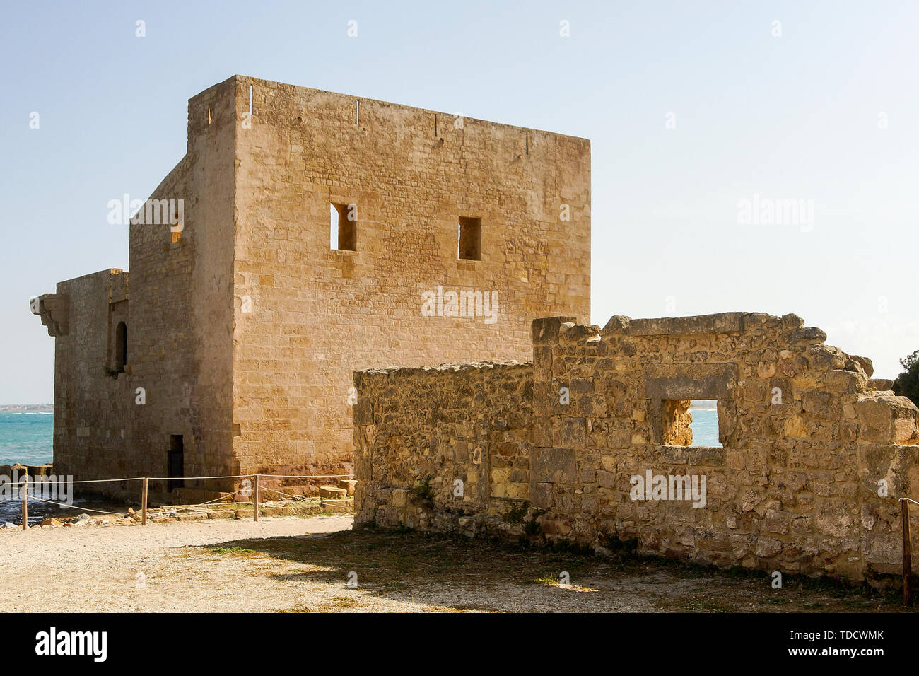 Sights of The Sveva Tower of Vendicari Nature Reserve in Sicily, Italy. Stock Photo