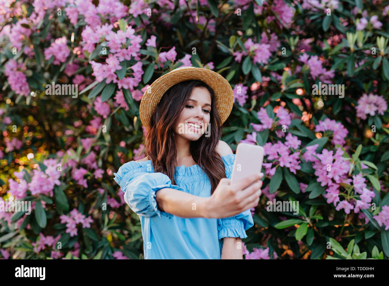 Beautiful Smiling Girl In Summer Outfit Making Selfie Outdoor Photo Of 