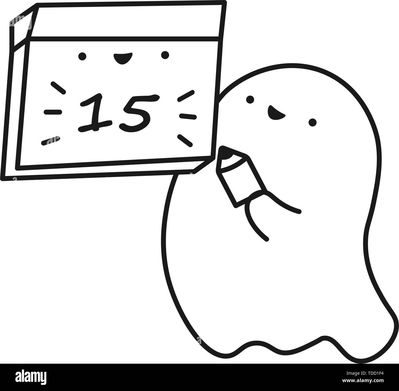 Funny ghost keeps calendar with the date of the month. Outline drawing. Vector illustration ...