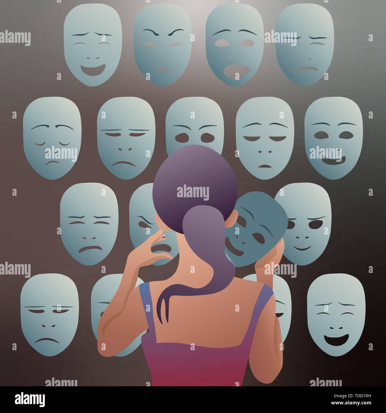 The girl removes the mask of emotion of joy, to put it to his other emotions.  Vector illustration Stock Vector Image & Art - Alamy