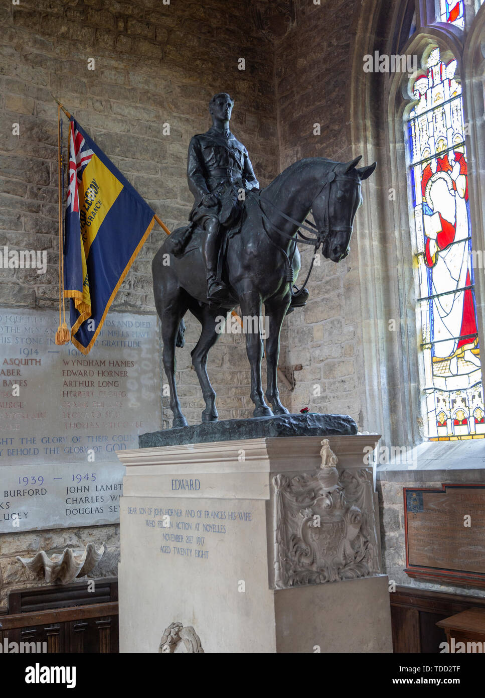 Equestrian statue of Edward Horner by Sir Alfred Munnings (on a base by Lutyens), Mells church, Somerset, England, UK Stock Photo