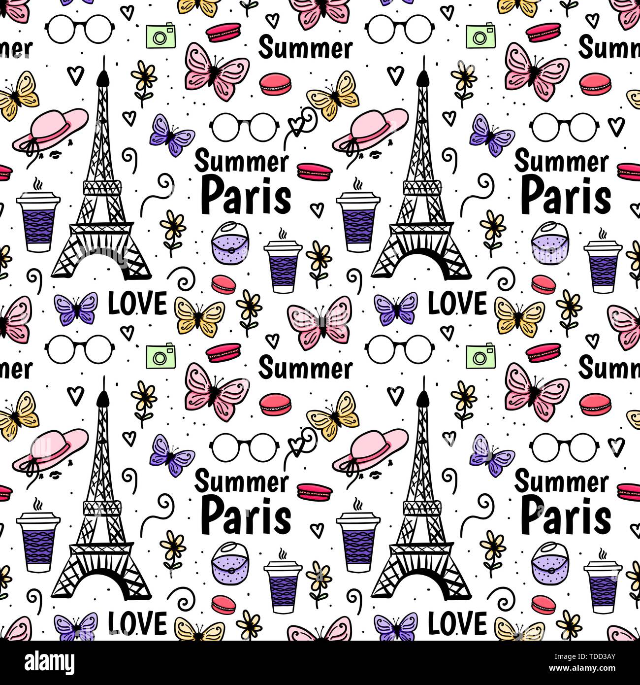 Seamless pattern Summer Paris, Eiffel Tower, butterfly. Vector hand drawn sketch isolated on white Stock Vector