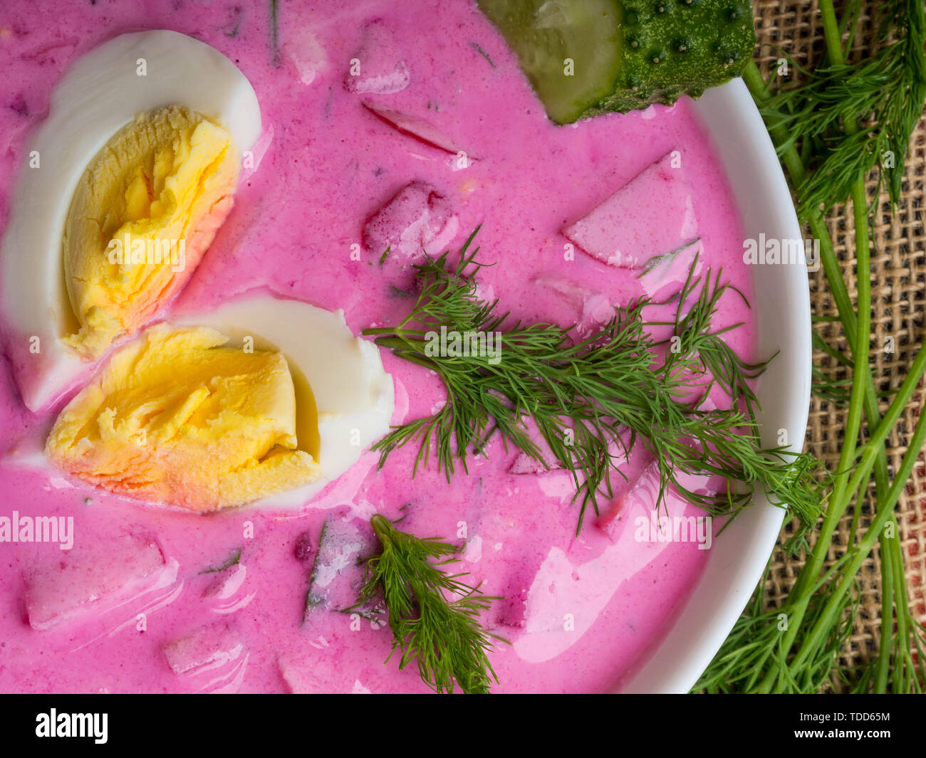 Cold beet soup with egg traditional Belorussian, Latvian, Lithuanian, Polish, Russian and
