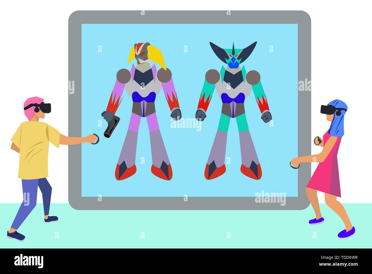 boy and girl playing TV game. Gamer persons playing robots Stock Vector