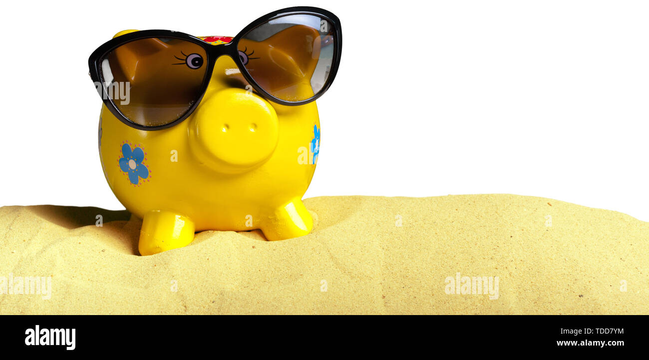 Summer piggy bank with sunglasses on the beach Stock Photo - Alamy