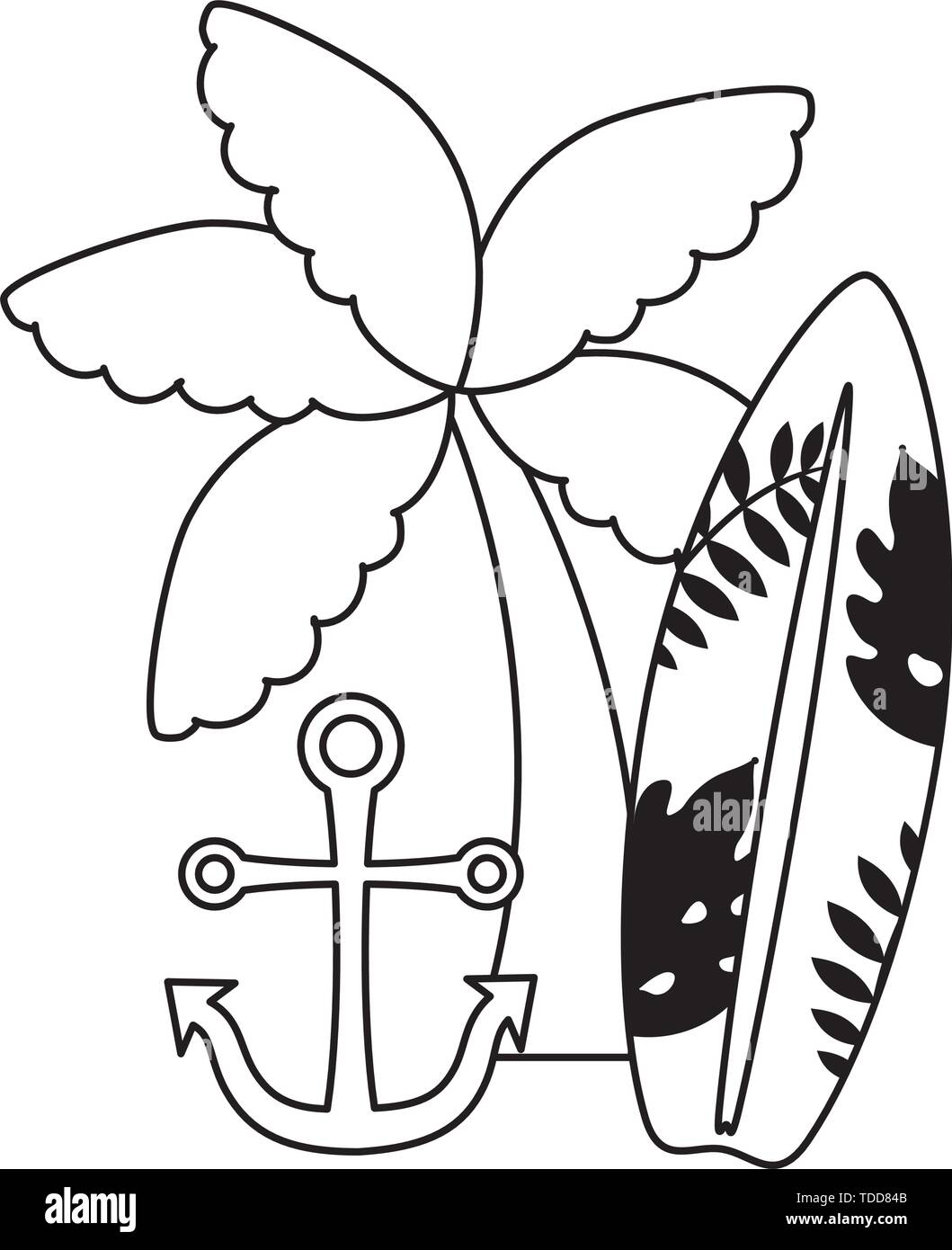 surfboard with tropical palm and anchor vector illustration design ...