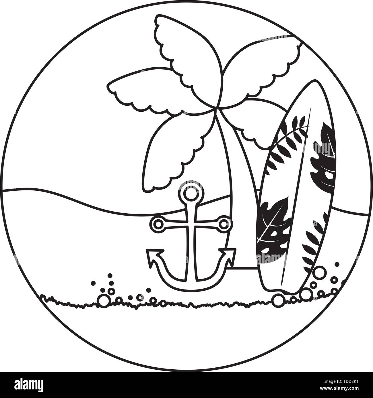 surfboard with tropical palm and anchor in beach vector illustration ...