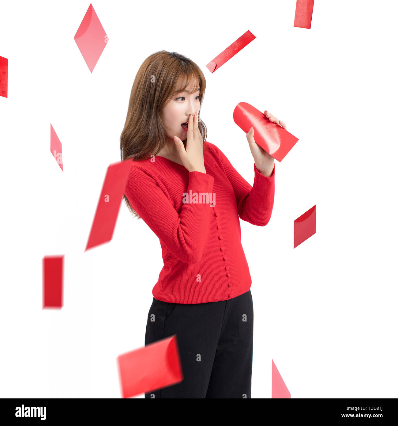 Red envelopes rain beauty on white background Stock Photo