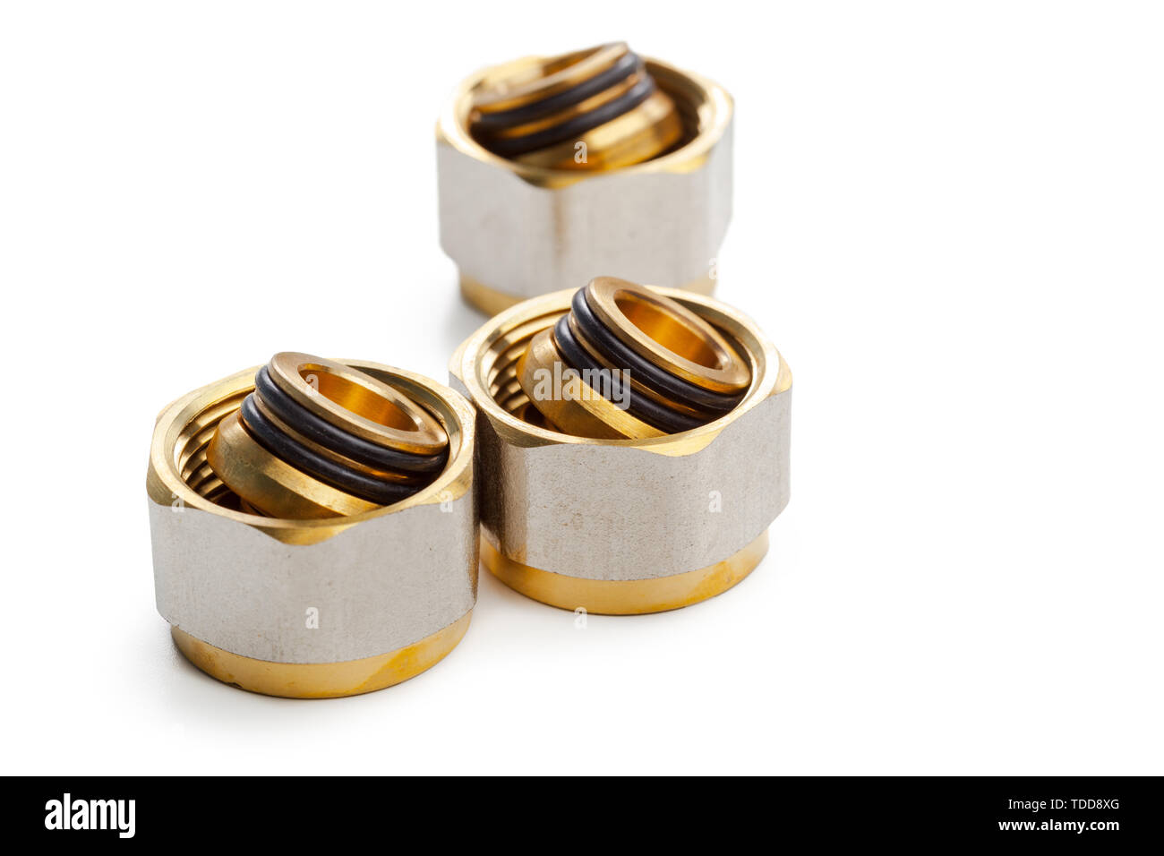 Set of metal-plastic plumbing couplings, adapters, plugs isolated on ...