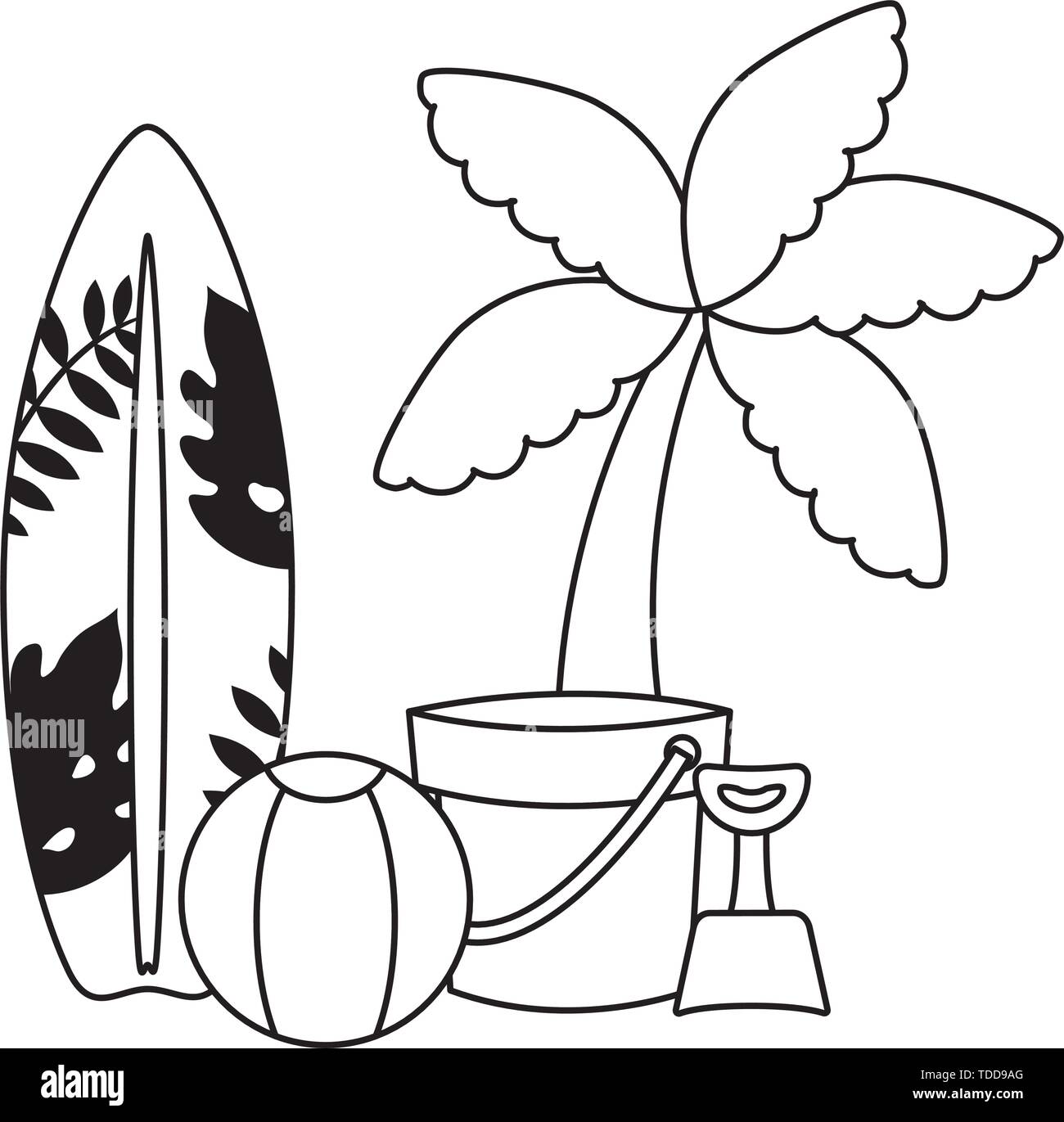 surfboard with tropical palm and icons vacation vector illustration ...
