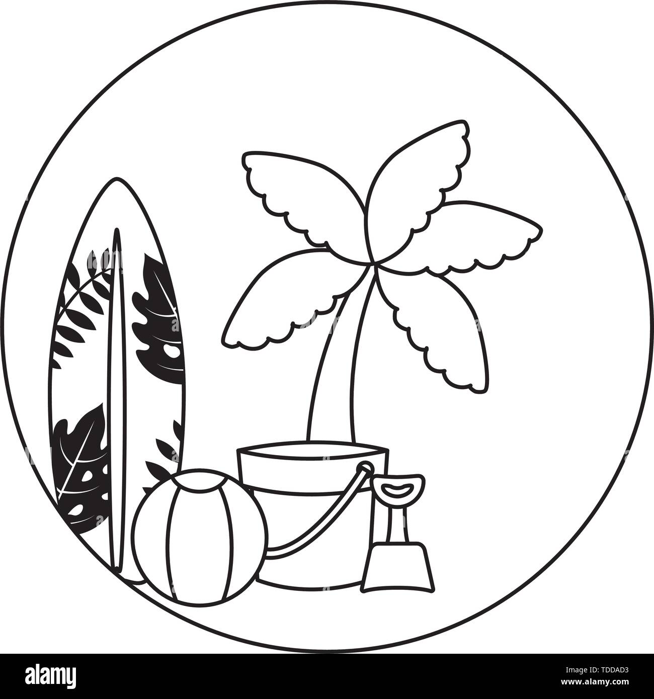 surfboard with tropical palm and icons vector illustration design Stock ...