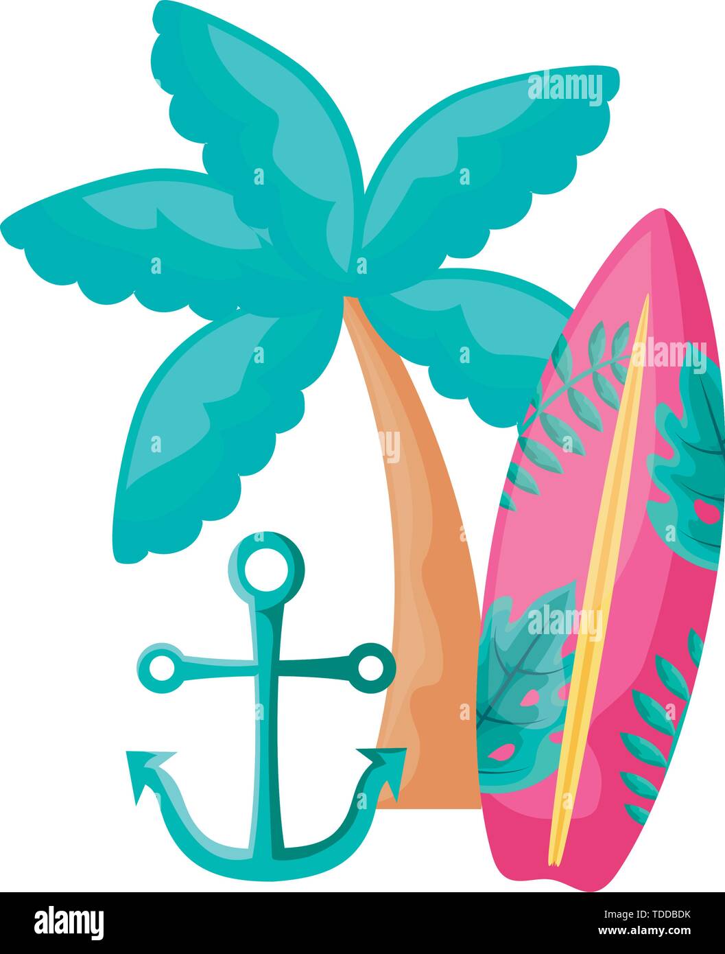 surfboard with tropical palm and anchor vector illustration design ...