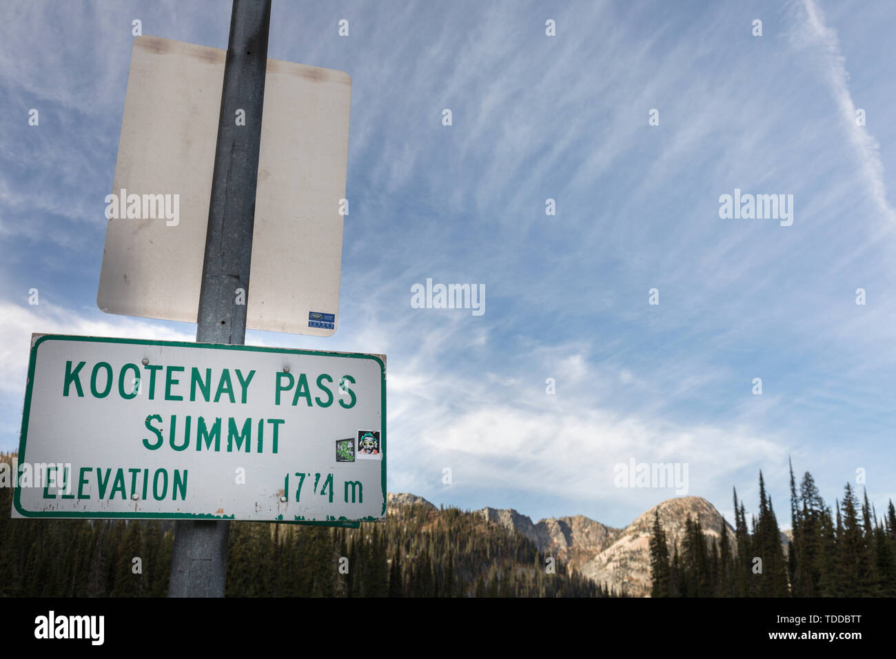 Street Sign, Kootenay Pass Summit, British Columbia, Canada Stock Photo