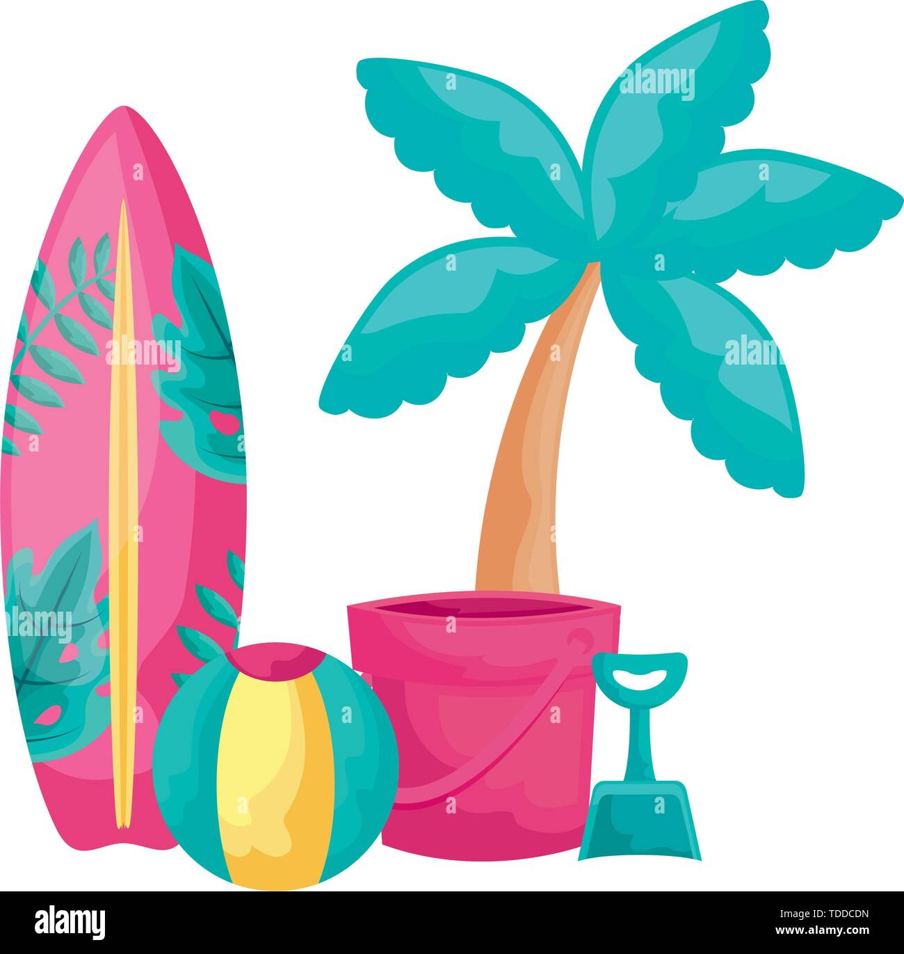 surfboard with tropical palm and icons vacation vector illustration ...