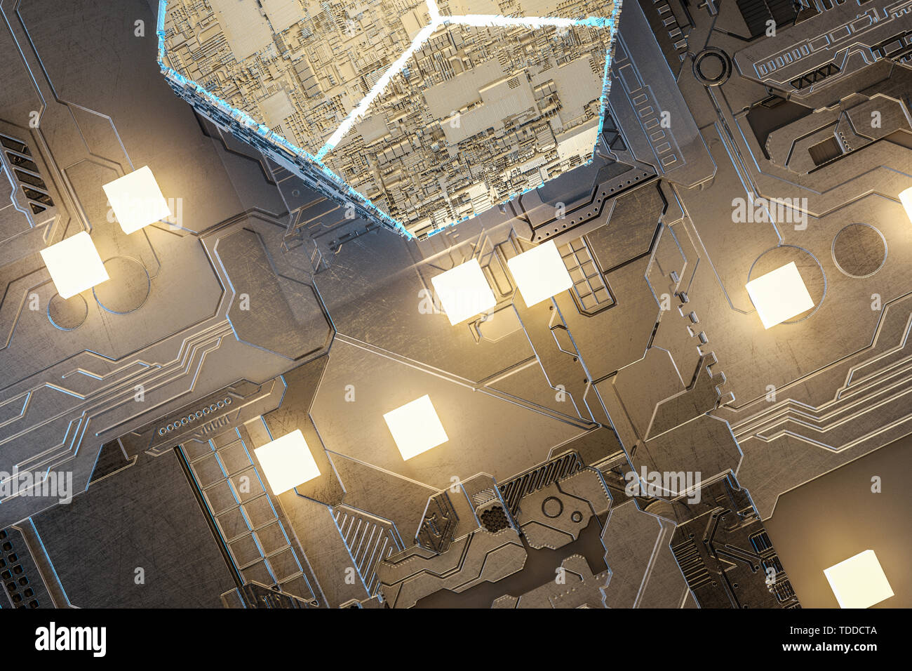 Circuit board with gold chip, 3D rendering Stock Photo
