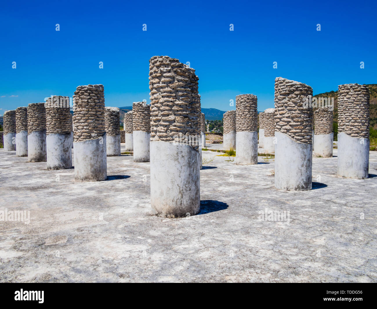 Perspective view of the ruins of the Burnt Palace in Tula archaeological site, Mexico Stock Photo