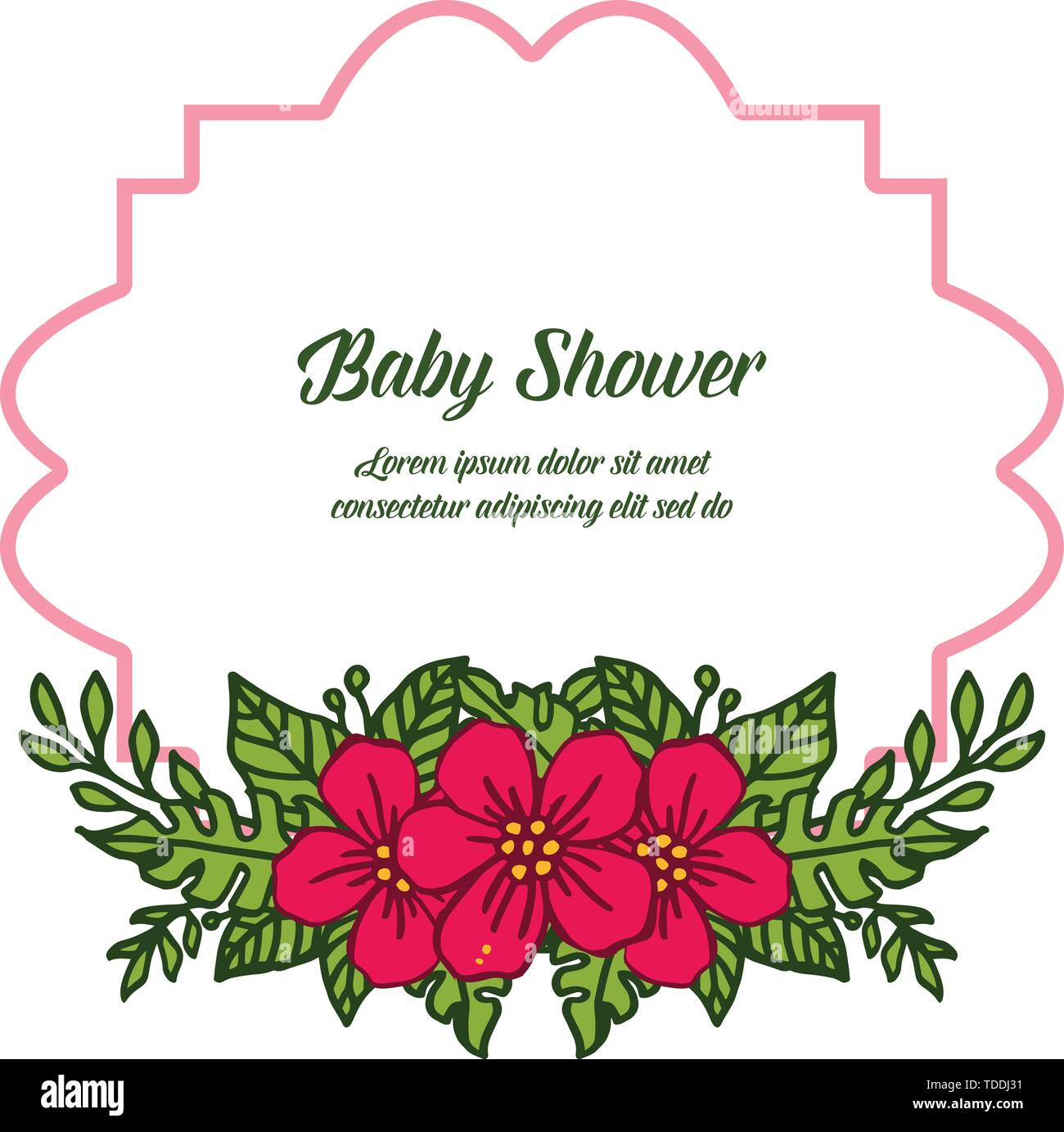 Vector illustration greeting card baby shower with elegant red wreath ...