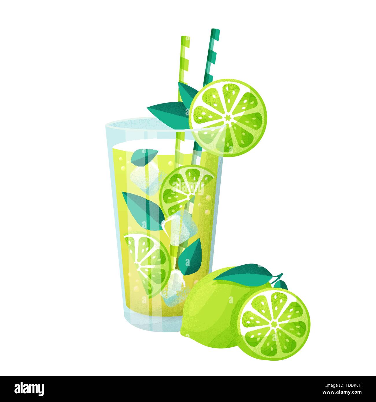 Glass of Mojito cocktail and lime. Vector illustration isolated on white background. Fresh summer drink with ice. Stock Vector