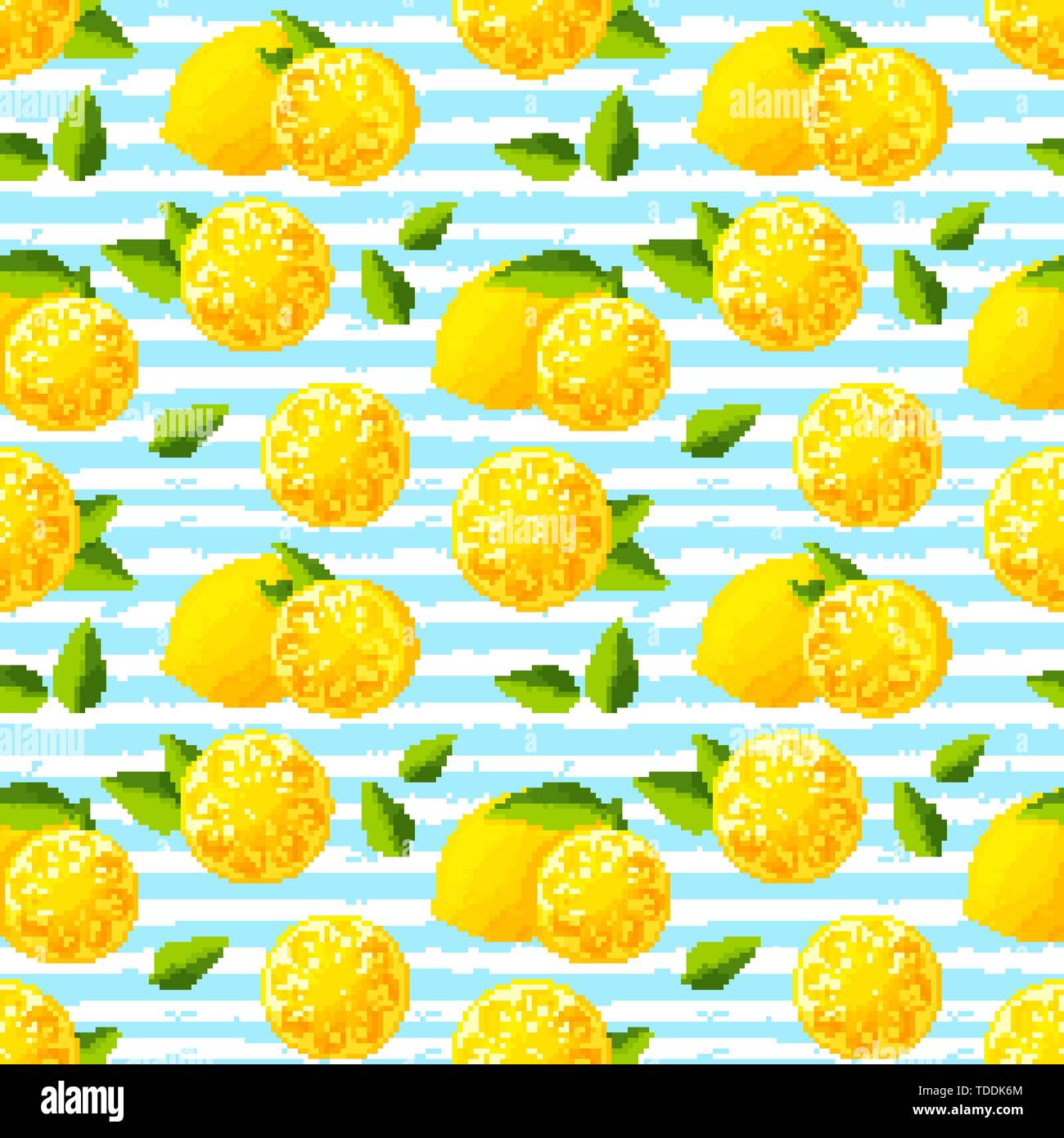 Seamless pattern with lemons. Striped background with citrus fruit and leaves. Vector illustration. Stock Vector
