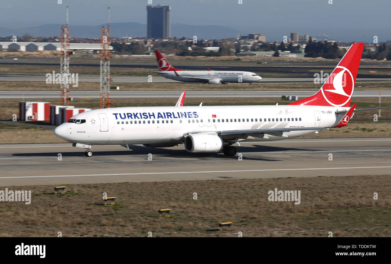 ISTANBUL, TURKEY - MARCH 17, 2019: Turkish Airlines Boeing 737-8F2 (CN 34418) takes off from Istanbul Ataturk Airport. THY is the flag carrier of Turk Stock Photo