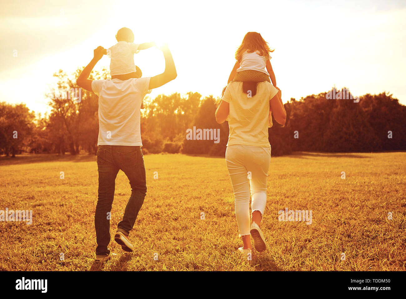 View from behind. A family with children are walking on the grass in a park . Stock Photo