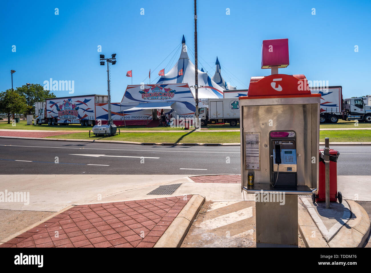 Broome, WA, Australia - Telstra landline phone booth in front of the Moscow circus tent Stock Photo