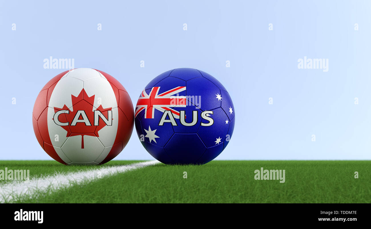 Canada vs. Australia Soccer Match - Soccer balls in Australia and Canada national colors on a soccer field. Copy space on the right side - 3D Renderin Stock Photo