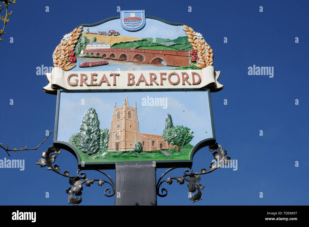 Village sign, Great Barford, Bedfordshire Stock Photo