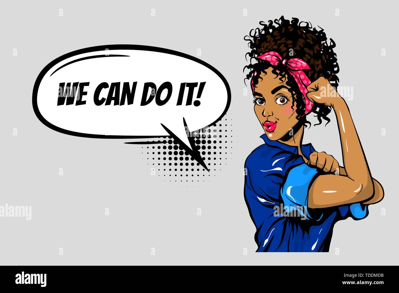 We can do it black woman girl power pop art vector illustration. Afro arm fist worker rights. Super hero feminism poster Stock Vector