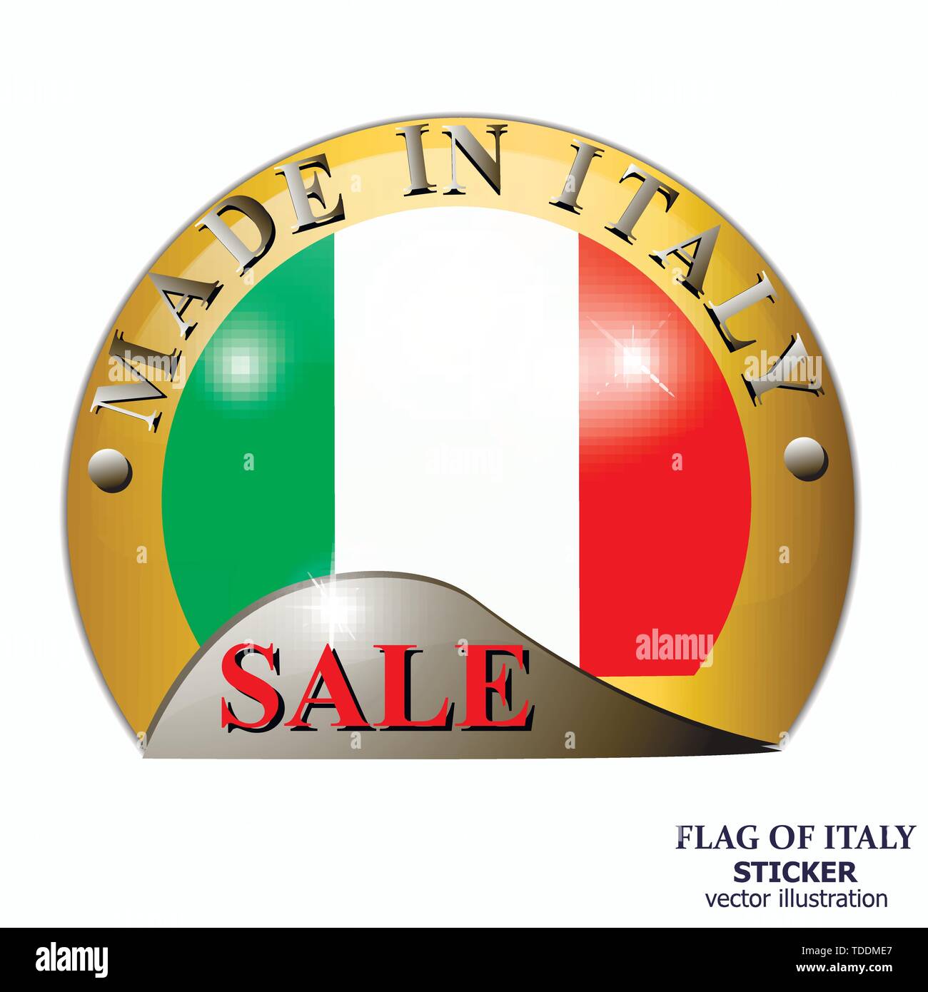 Made in Italy sticker. Bright sticker sale with italian flag. Happy Italy day button. Sticker with flag of Italy. Illustration. Stock Vector