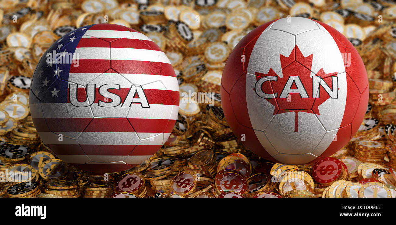 Canada vs. USA Soccer Match - Soccer balls in Canada and USA national colors on a bed of golden dollar coins. 3D Rendering Stock Photo