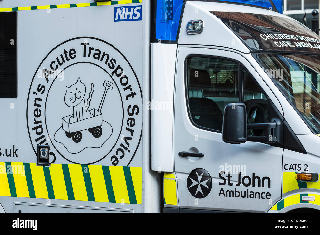 Children's Acute Transport Service ambulance outside of Great Ormond Street Hospital, Bloomsbury, London, England, U.K. Stock Photo