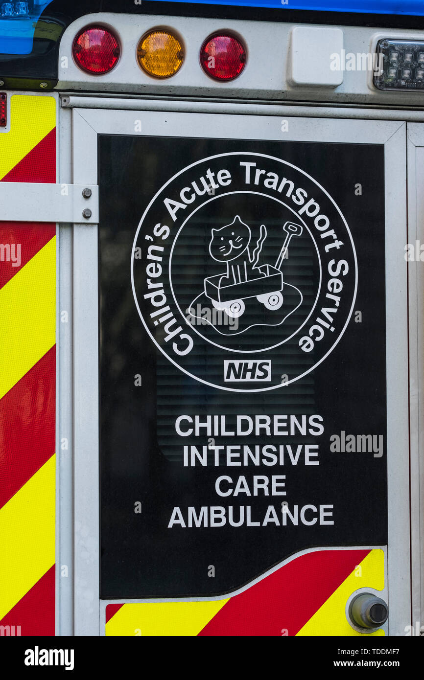 Children's Acute Transport Service ambulance outside of Great Ormond Street Hospital, Bloomsbury, London, England, U.K. Stock Photo