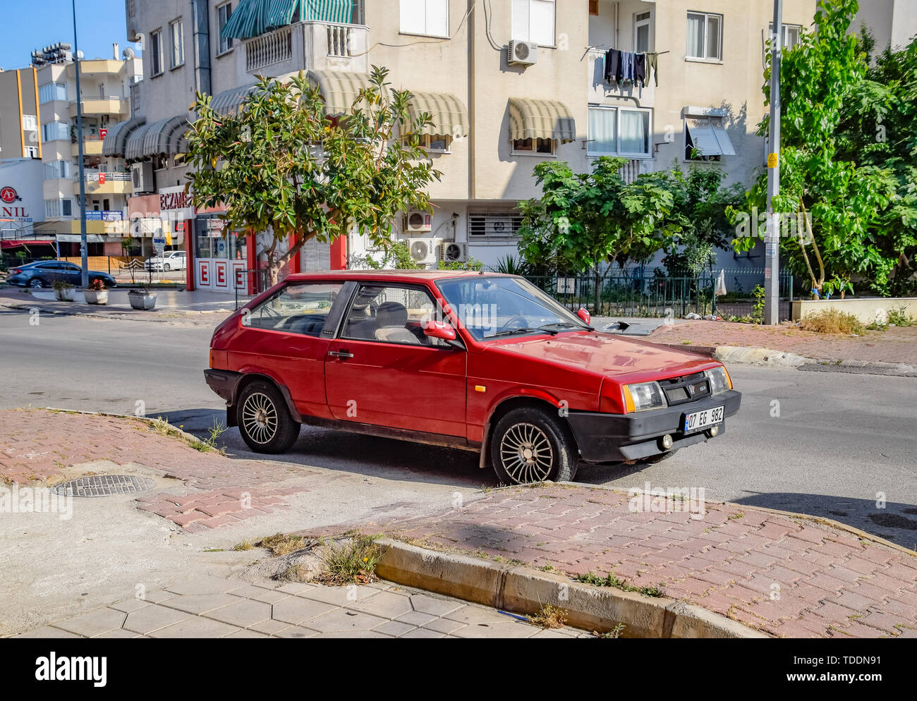 Antalya, Turkey - May 19, 2019: Car Lada 2108. Eight, people's youth car stands on the street in Antalya. Stock Photo